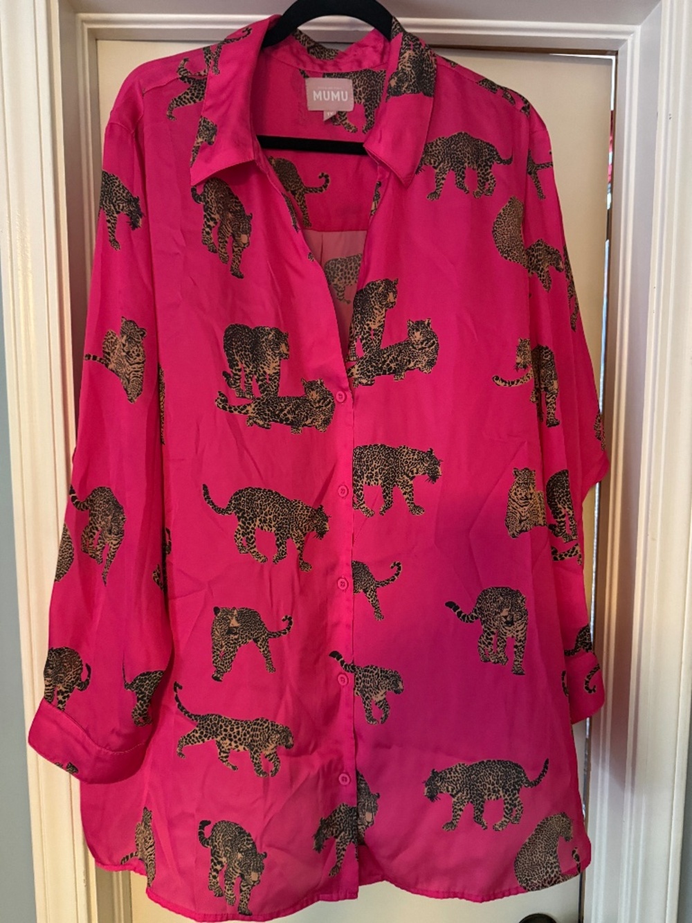 Show Me Your MuMu Hot Pink Leopard Print Satin Pajama Top